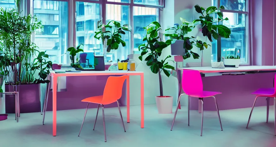 Image similar to IKEA catalogue photo, modern office space, retro future style furniture, cyberpunk style neon lighting, lush plant life, cityscape in the window, Purple, Teal, Mint, Pink, Orange