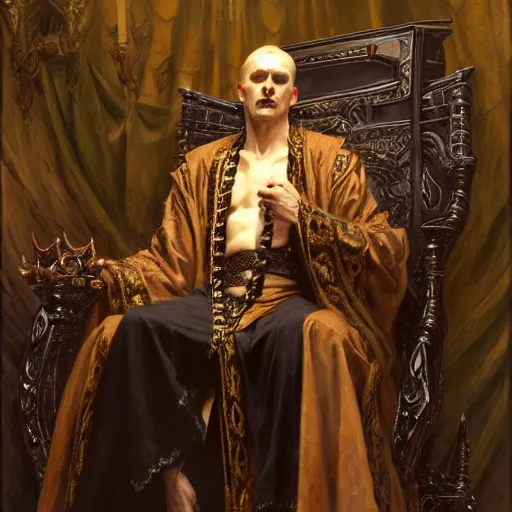 Image similar to perfectly centered portrait of attractive vampire king in a robe sitting on a throne of bones, highly detailed painting by gaston bussiere, craig mullins, j. c. leyendecker, 8 k