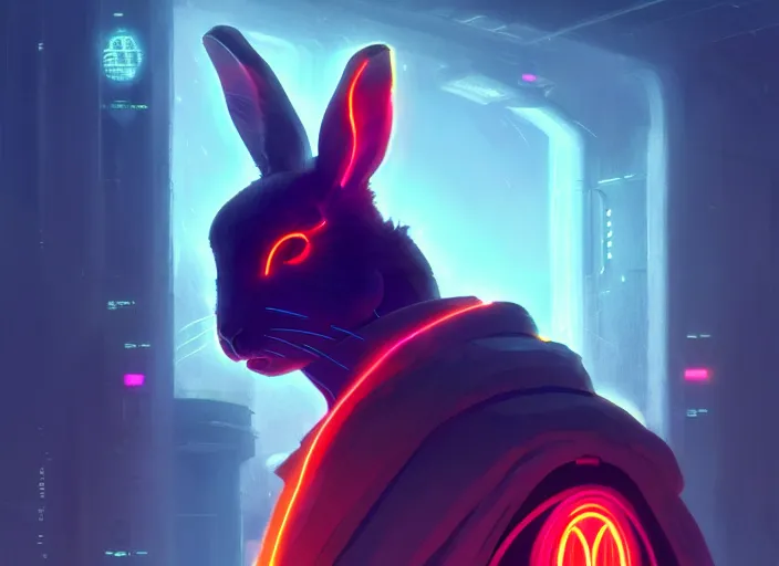 Image similar to cyberpunk rabbit wearing glowing robe, details, futuristic, epic, sacrificial altar, landscape illustration concept art anime key visual trending pixiv fanbox by wlop and greg rutkowski and makoto shinkai and studio ghibli and kyoto animation symmetrical facial features