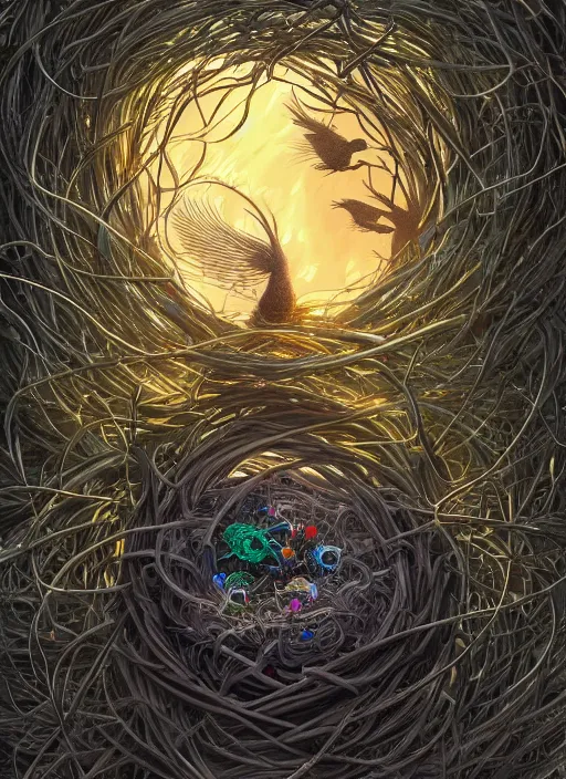 Image similar to nest on human head, nest like a wreath, cruelty, black crows, light effect, hyper detailed, intricate, elegant, highly detailed, digital painting, artstation, concept art, matte, sharp focus, illustration, by dan mumford, yusuke murata, makoto shinkai, ross tran