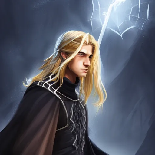 Image similar to Young, handsome wizard with a blonde ponytail wearing exquisite black robes, a spider cloak and wielding a legendary staff of light. Magic flux. High fantasy, digital painting, HD, 4k, detailed.