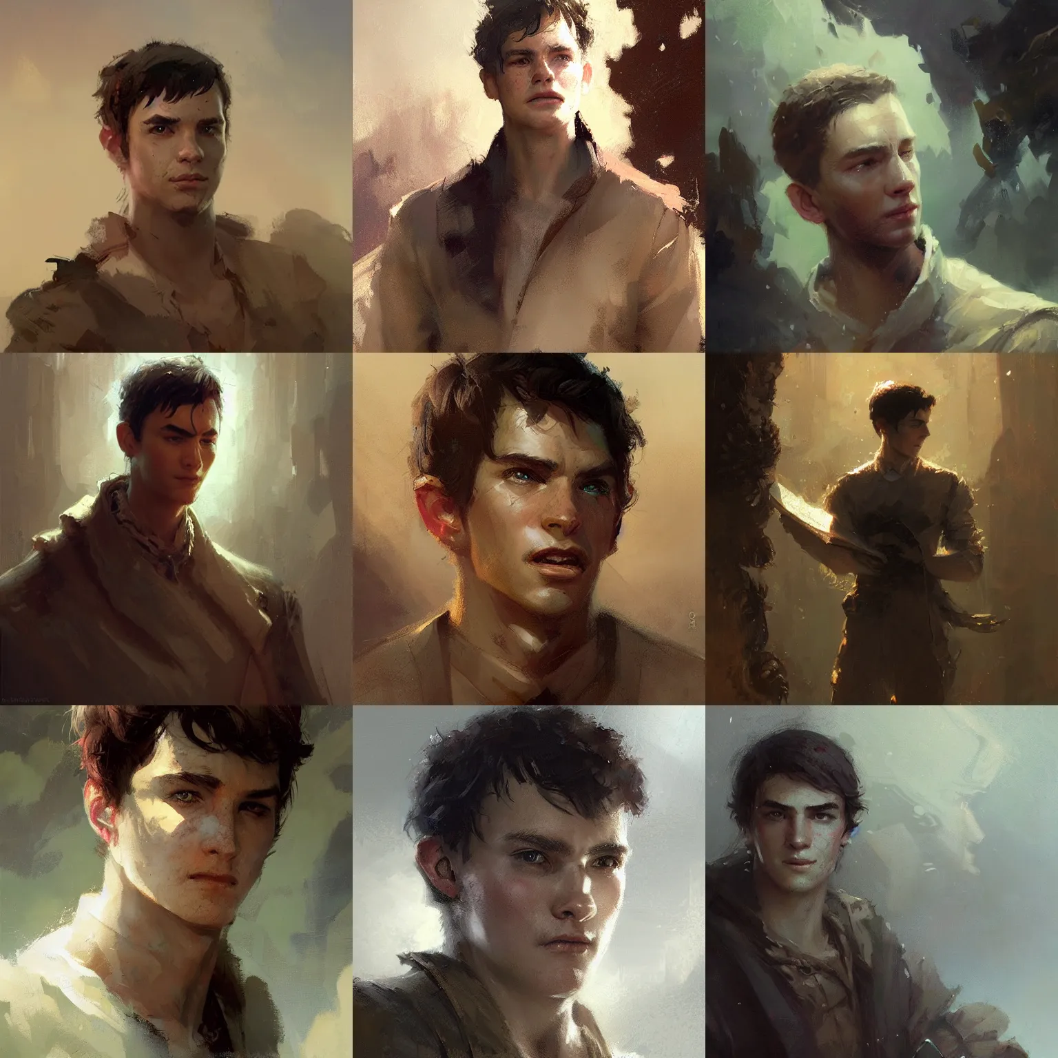 Prompt: a young man, timid and round-faced, fantasy character portrait by Greg Rutkowski, Craig Mullins, Gaston Bussiere