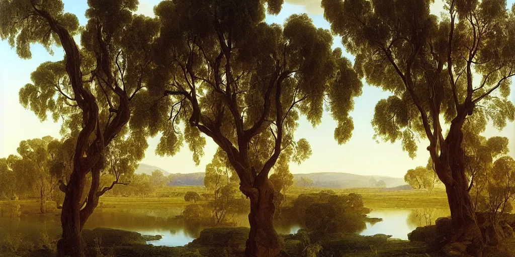 Image similar to landscape painting of a old blue gum tree next to a meandering river by alexei savrasov and thomas cole, artstation