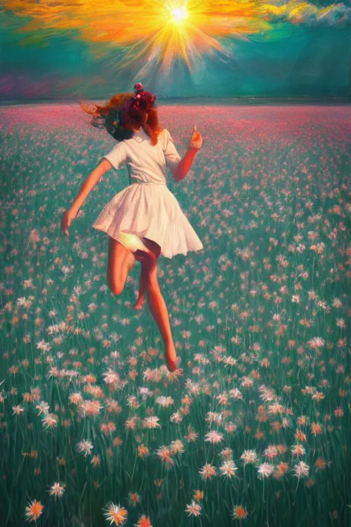 Image similar to exploding white daisy flower as head, girl dancing in a flower field, surreal photography, sunrise, dramatic light, impressionist painting, colorful clouds, digital painting, artstation, simon stalenhag