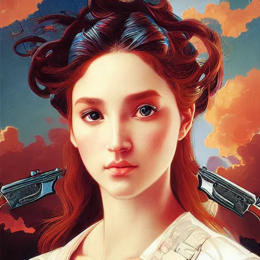 Prompt: a portrait painting of a gunslinger fantasy lady, highly detailed, art by tristan eaton and artgerm and william - adolphe bouguereau