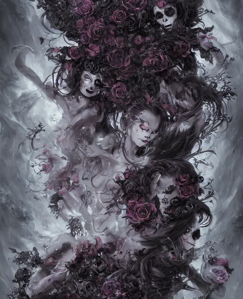 Prompt: a chaotic goddess of death skull black rose s day of the dead atmospheric, dramatic, concept art by a professional manga illustrator, Stanley Artgerm Lau, WLOP, Rossdraws, James Jean, Andrei Riabovitchev, Marc Simonetti, and Sakimichan hyperrealist, cinema4D, 8k highly detailed ❤️‍🔥 🔥 💀 🤖 🚀