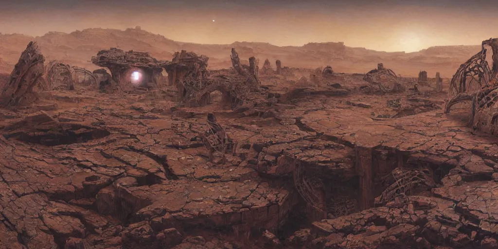 Image similar to supernova, neo brutalism space station ruins in the mars desert, accurate perspective, red trees, painted by steve mccurry, ruan jia, raymond swanland, lawrence alma tadema, zdzislaw beksinski, norman rockwell, jack kirby, tom lovell, alex malveda, greg staples