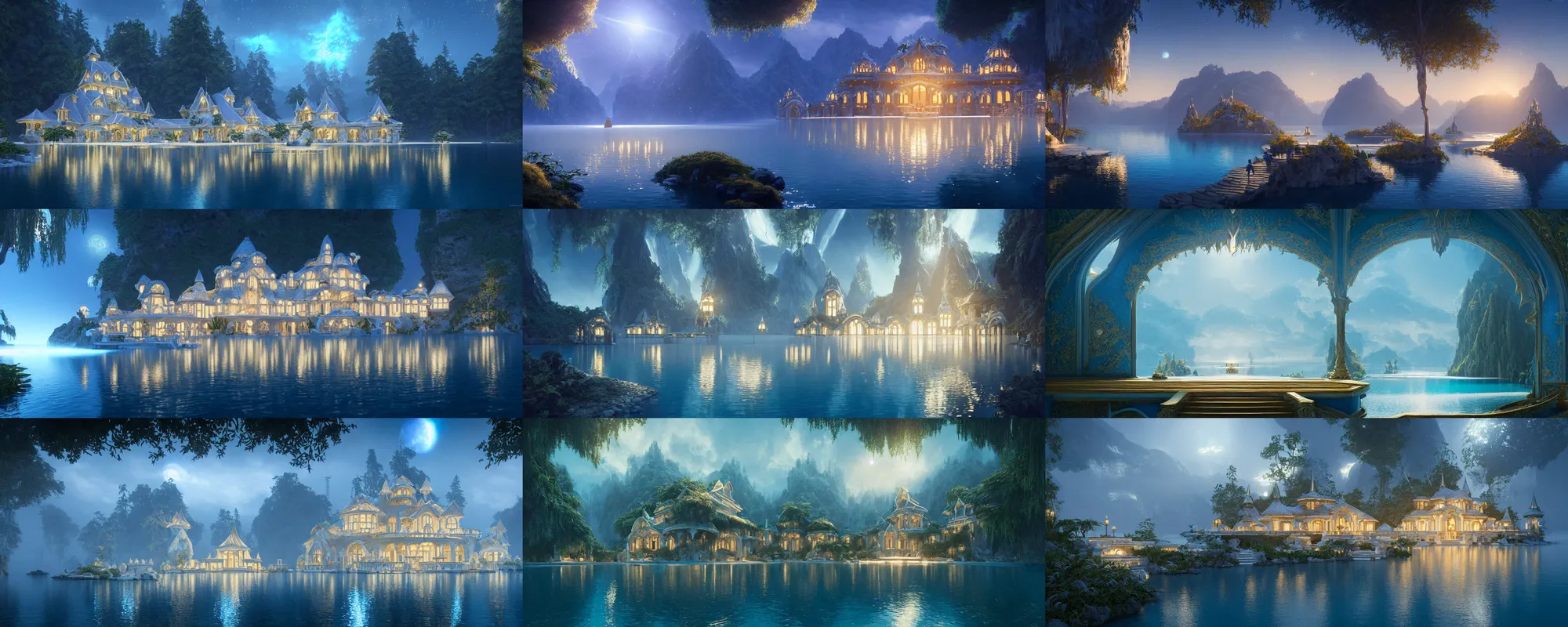 Image similar to a gorgeous symmetrical paradise palace, starlit, lakes, fantasy, fairy tale, artstation, matte painting, artstation, octane render, caleb worcester, samuel beal. ultra clear detailed. white, deep blue and light gold color scheme.