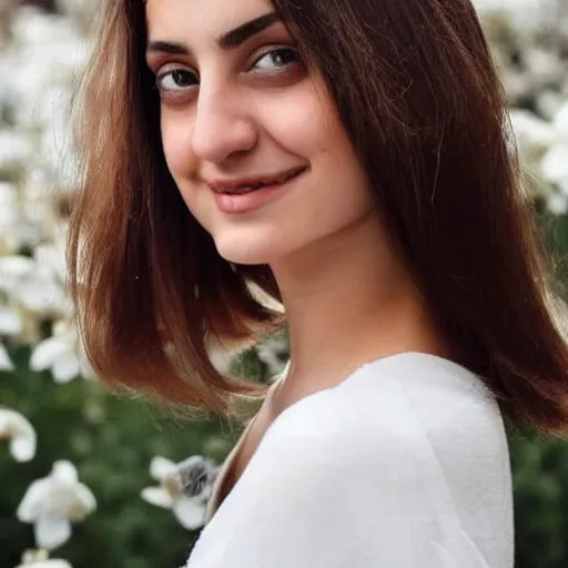 Image similar to 1 9 years old slim straight brown hair gabriella papadakis, neck wrinkles, wearing white skirt and white flowers top