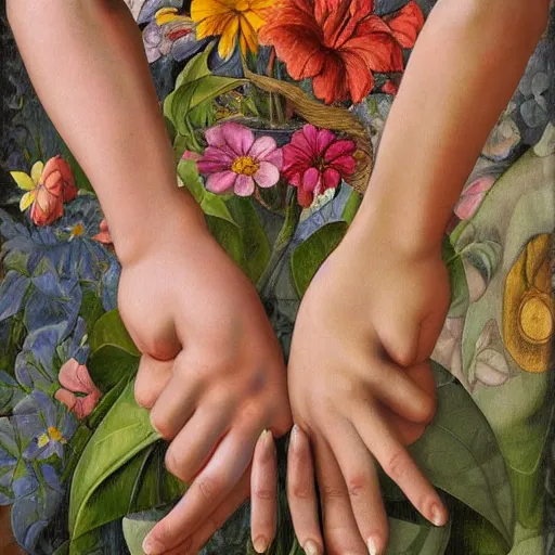 Prompt: photorealistic beautiful hands holding only one big elaborate maximalist flower. mixed media 3d and oil painting in the style of Michelangelo, Banksy and Gauguin, with flemish baroque details. made of hyperdetailed vivid fabric textures HD 8x matte background