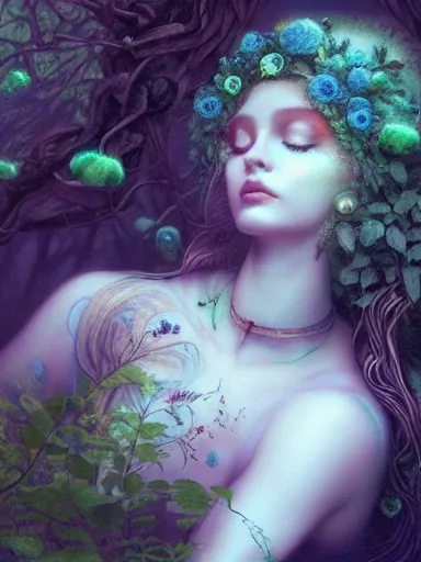 Prompt: earth goddess, forest spirit by james jean, charlie bowater, tom bagshaw, nikolay makovsky, melanie delon : : enchanting, ethereal, magical, glowing, sparkle, iridescent, flowerpunk, portrait, character design, illustration, hyperrealism, photorealism, digital art, concept art, dark fantasy, whimsy, weta, wlop, artstation