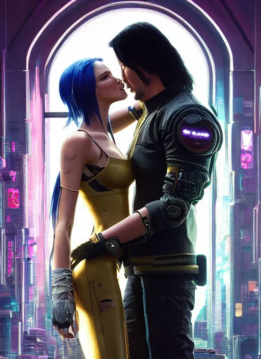 Prompt: a cyberpunk 2077 couple portrait of a Keanu Reeves as johnny silverhand and a female android in final kiss,love,fantasy, intricate, elegant,by Alex Horley,Heather Theurer,aaron horkey,Greg Rutkowski,artstation,deviantart,FAN ART,Digital painting,face enhance,highly detailed,8K,octane,golden ratio,cinematic lighting