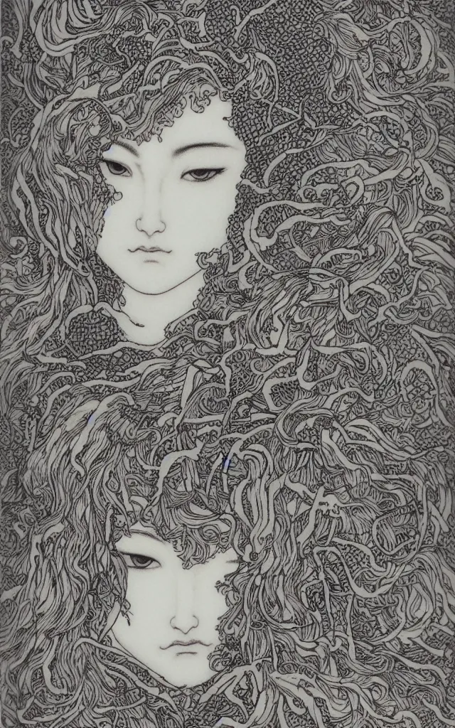 Image similar to delicate wolf spirit drawn by Takato Yamamoto, mystic eyes, clean ink detailed line drawing, intricate detail drawing, portrait