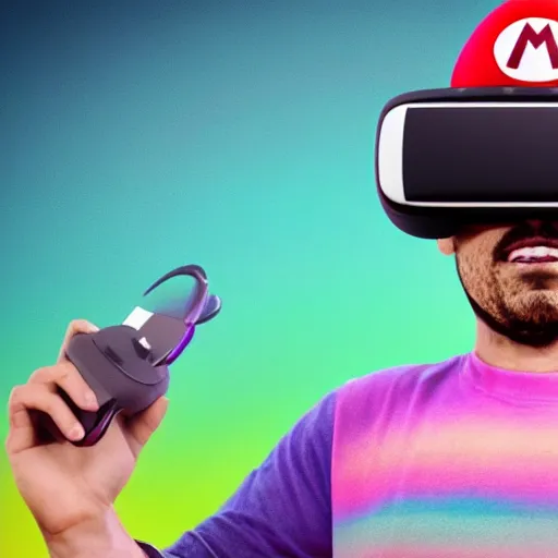 Image similar to Mario wearing a VR headset with a vaporwave background, octane render, 3D, coherent like Dall-E 2