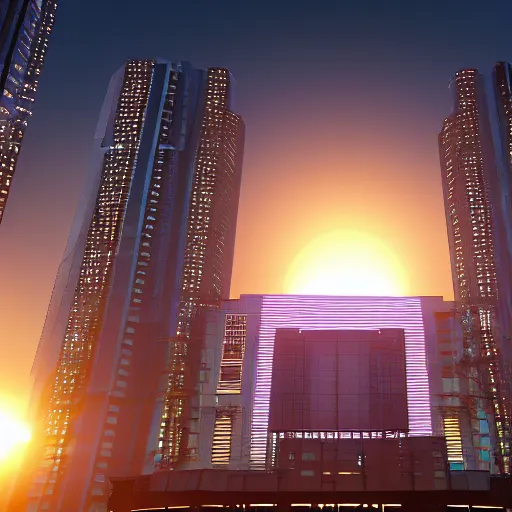 Prompt: Neo Tokyo, main building, sunset