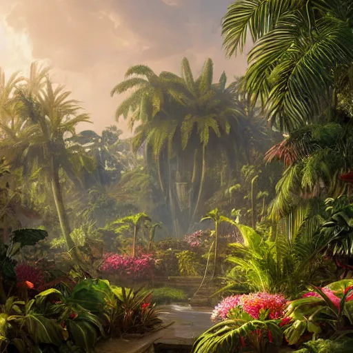 Image similar to a highly detailed matte painting of a garden hedge with tropical flowers, large palm trees, epic fantasy, god rays, ultrawide lens, aerial photography, unreal engine, exquisite detail, 8 k, art by greg rutkowski and alphonse mucha