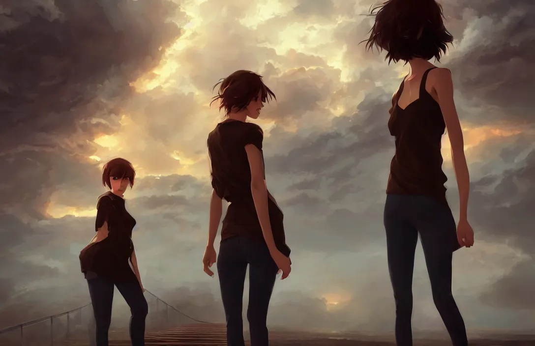 Image similar to a beautiful british woman with short brown hair, serious, somber amber eyes, standing on a bridge, storm in the distance, basic clothing, digital art by makoto shinkai ilya kuvshinov and wojtek fus, digital art, concept art,