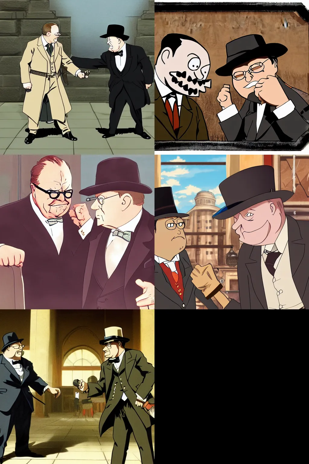 Prompt: Theodore Roosevelt fistfighting Winston Churchill, anime visual key, 4k,