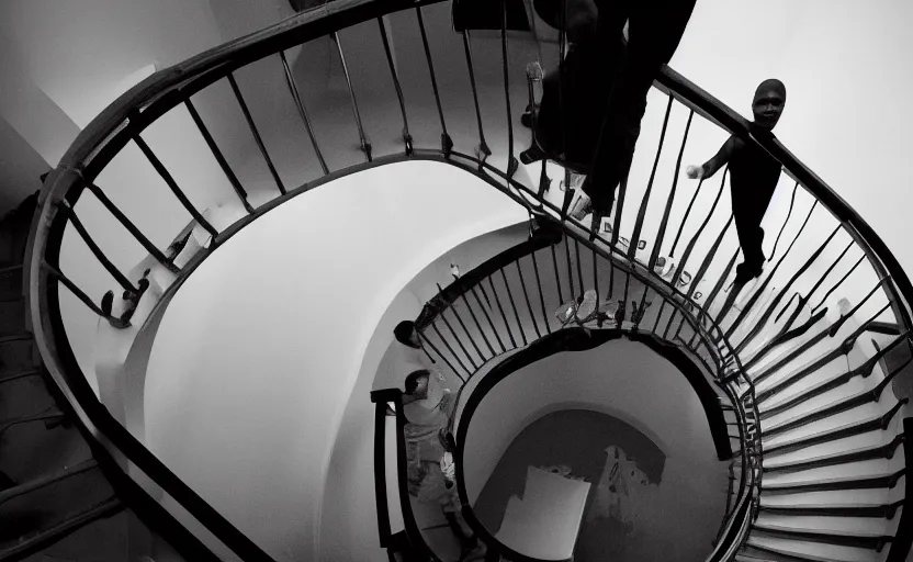 Image similar to zoomed out photo of frank ocean walking up a spiral staircase in the centre of the room, greyscale,