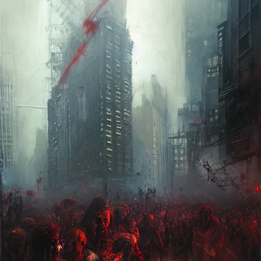 Image similar to horde of zombies in downtown new york, highly detailed painting by jeremy mann and beksinski