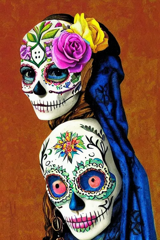 Image similar to illustration of a sugar skull day of the dead girl, art by johannes vermeer