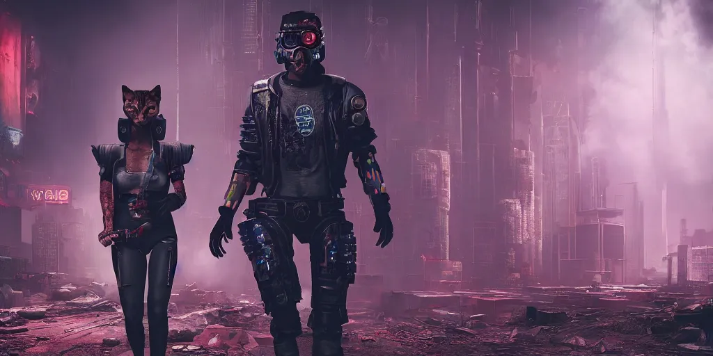 Prompt: cyberpunk cat gang, fallout 5, studio lighting, deep colors, apocalyptic setting, sneak peak