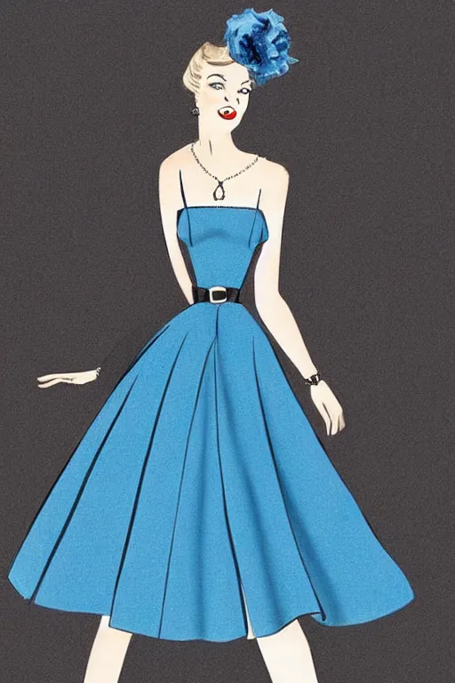 Image similar to an elegant fashion illustration of a beautiful blue 5 0 s outfit