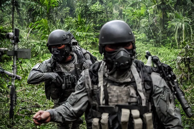 Image similar to Mercenary Special Forces soldiers in grey uniforms with black armored vest in a battlefield in the jungles 2022, Canon EOS R3, f/1.4, ISO 200, 1/160s, 8K, RAW, unedited, symmetrical balance, in-frame, combat photography