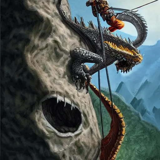 Prompt: rogue rock climber climbing a giant ancient dragons skull, very detailed, fantasy art, dungeons and dragons, belaying, ropes, landscape, cover of national geographic