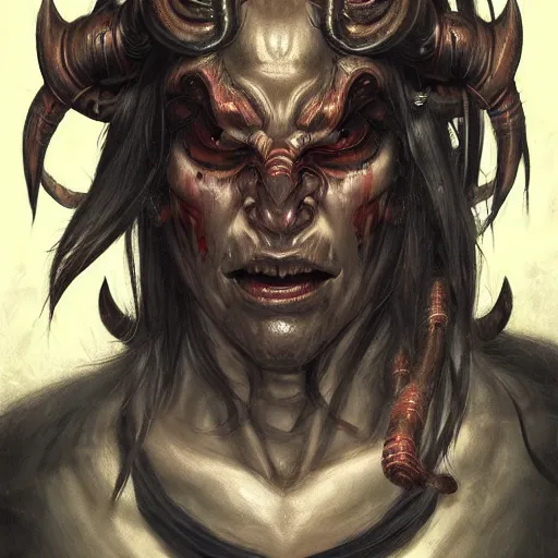 Image similar to portrait, cyberpunk japanese oni demon with horns, stern expression, long hair, highly detailed, digital painting, artstation, concept art, smooth, sharp focus, illustration, artgerm, tomasz alen kopera, peter mohrbacher, donato giancola, joseph christian leyendecker, wlop, frank frazetta