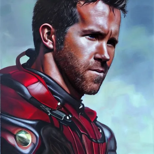 Prompt: a realistic painting by Raffaello Sanzi depicting the Ryan Reynolds with the head of the symbiotic Kamen Rider in the Renaissance,smooth,Sharp focus, trending on Artstation.