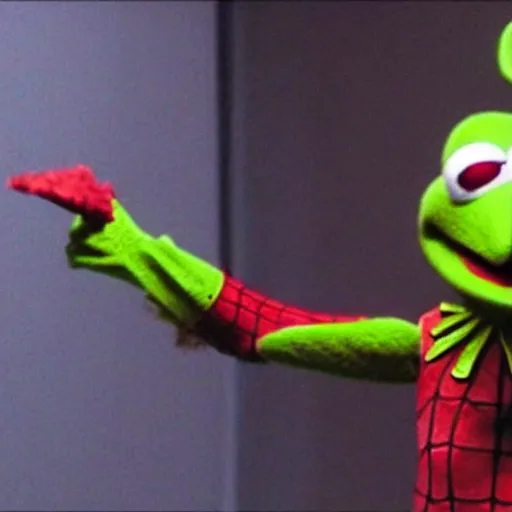 Image similar to photo of Kermit the frog as spiderman in averngers movie