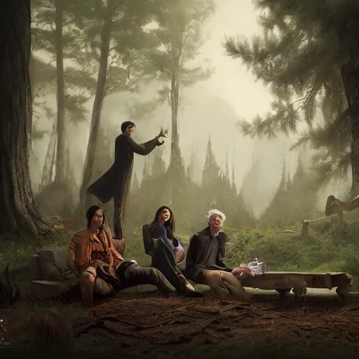 Prompt: close group portrait of vampires chilling at the forest smoking weed, realistic digital art 4 k, high quality, greg rutkowski, zabrocki, karlkka, jayison devadas, phuoc quan, trending on artstation, 8 k, ultra wide angle, zenith view, pincushion lens effect