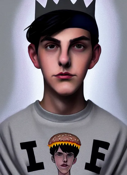 Image similar to portrait of teenage jughead jones wearing a light grey crown, photorealistic, crown, sweater with letter s on it, hamburger, eyes closed, crown, black hair, intricate, elegant, glowing lights, highly detailed, digital painting, artstation, concept art, smooth, sharp focus, illustration, art by wlop, mars ravelo and greg rutkowski