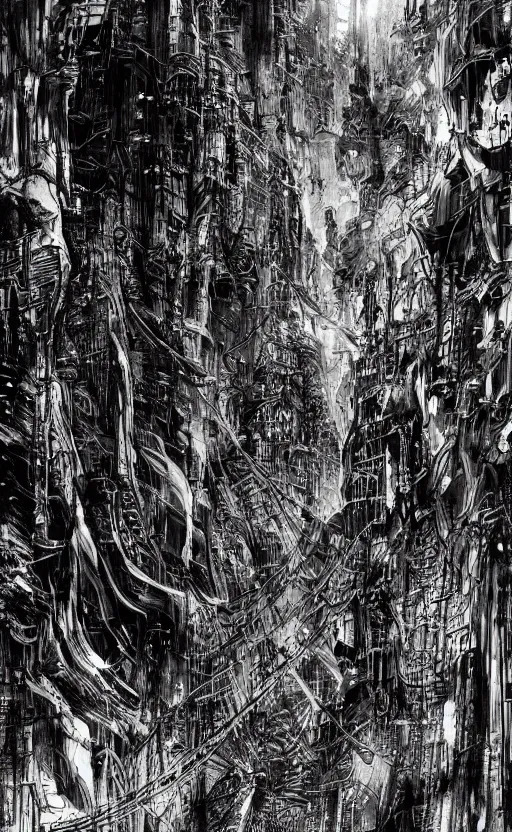 Image similar to dense city scene by tsutomu nihei, inked, minute details, desolation, hyper realistic, cosmic horror, biomechanical, beautiful