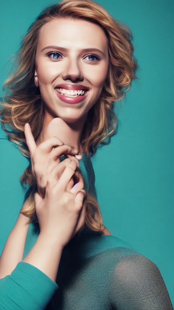 Image similar to portrait photo of smiling woman, photo of Scarlett Johansson:: symmetric face, symmetric eyes, slight smile, photo by Annie Leibovitz, 85mm, teal studio backdrop, Getty images