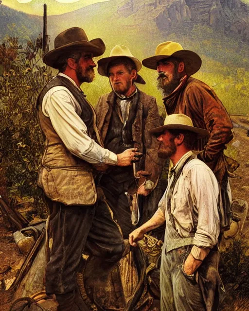 Image similar to portrait of three Appalachian bootlegger boys with detailed features and a moonshining still in the background, dutch camera view, moonshine jars, dirt, Appalachian mountains, sharp focus, illustration, highly detailed, oil painting, matte, art by Greg Rutkowski and Alphonse Mucha, masterpiece