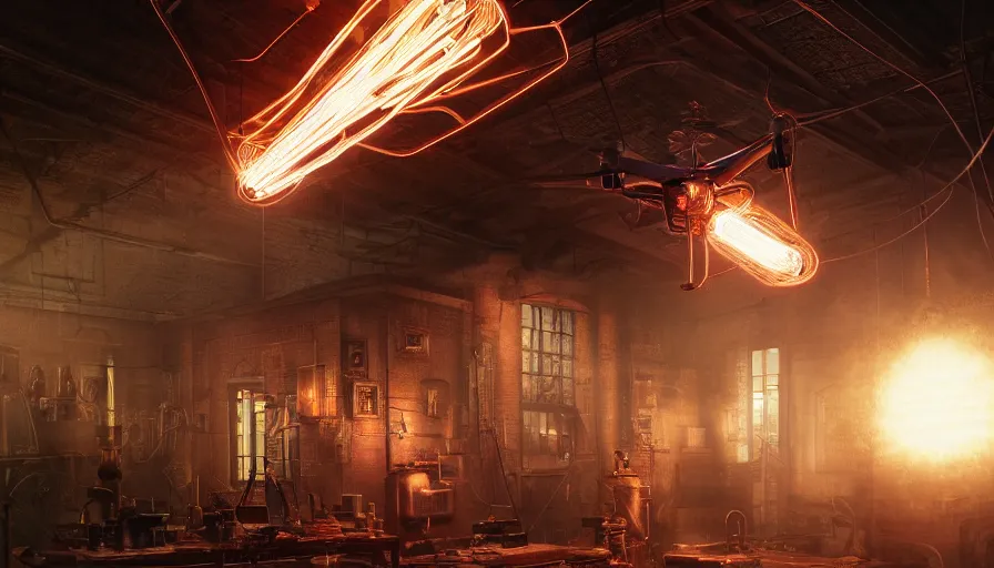 Prompt: A glowing electrical Steampunk drone in a victorian museum, james gurney, cinematic lighting, lots of steam and sparks, wires made of copper, artstation, vibrant nature, Tuomas Korpi, tekkon kinreet, volumetric light, artstation, , octane render, redshift render, low angle camera, rich deep moody colors