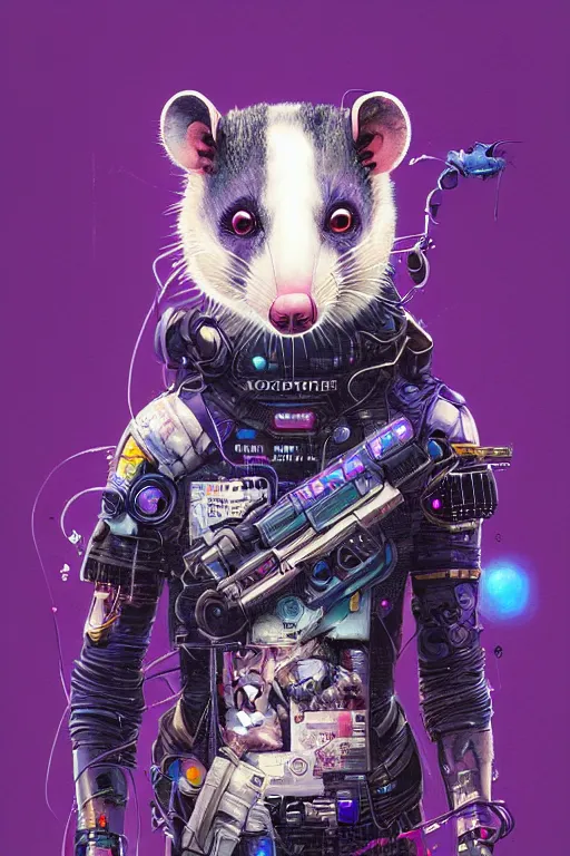 Image similar to a beautiful portrait of a cute cyberpunk opossum by sandra chevrier and greg rutkowski and wlop, purple blue color scheme, high key lighting, volumetric light, digital art, highly detailed, fine detail, intricate, ornate, complex, octane render, unreal engine, photorealistic