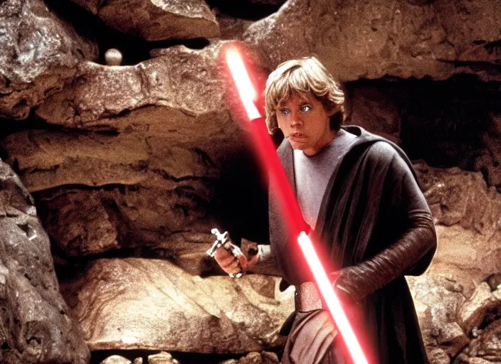 Prompt: screenshot photo of Luke Skywalker in the film temple of doom (1984) finding the ancient jedi texts in a rocky cave, Photographed with Leica Summilux-M 24 mm lens, ISO 100, f/8, Portra 400, 4K, anamorphic