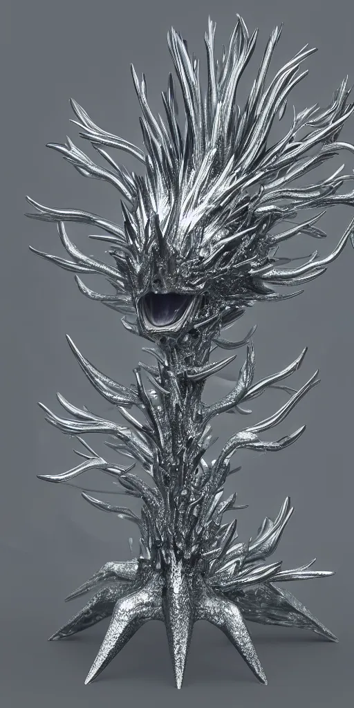 Image similar to a photorealistic render of a metallic neotribal spiky glaucus atlanticus sculpture, made of melted plastic and marble, c 4 d, by zhelong xu and ernst haeckel, wide angle, hyper realistic, plain background, 8 k, volumetric lightning, octane render