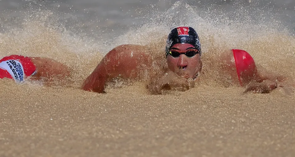 Image similar to olympic swimming in sand instead of water, extremely coherent, motion blur