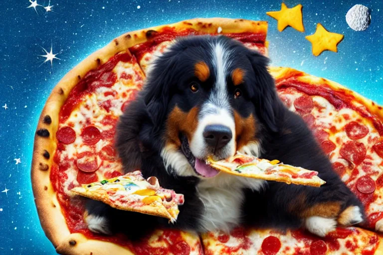 Prompt: a bernese mountain dog standing on a pizza in outer space. the dog is eating a piece of pizza. pizza slices flying with angel wings in background, dark cyan galaxy and stars in background, 4 k photoshopped image, look at that detail