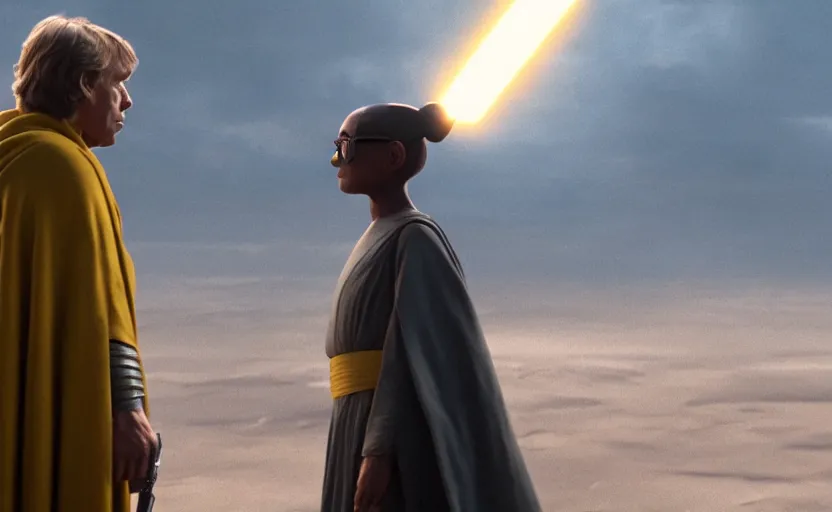 Image similar to cinematic still image screenshot portrait of luke skywalker wearing a yellow cape talking to maz kanata, ending from force awakens crisp 4 k imax, moody iconic scene