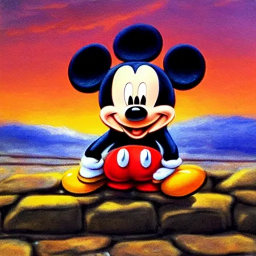 Prompt: Mickey mouse sitting on a cobblestone wall, watching the sunset, painting by Viktor Vasnetsov, highly detailed, oil on canvas, cinematic shot, dramatic lighting, award-winning