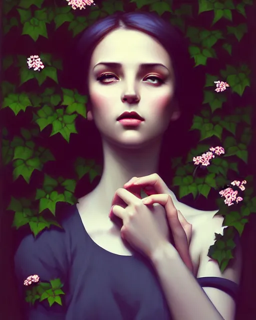 Image similar to stylized dark gloomy mysterious portrait of an artistic pose, composition, young lady sorrounded by nature, cinematic moody colors, ivy, flowers, one single head, realistic shaded, fine details, realistic shaded lighting poster by ilya kuvshinov, magali villeneuve, artgerm, jeremy lipkin and michael garmash and rob rey