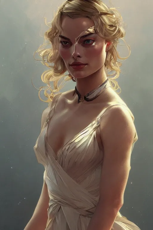 Image similar to A full portrait of Margot Robbie, intricate, elegant, highly detailed, digital painting, artstation, concept art, smooth, sharp focus, illustration, art by Krenz Cushart and Artem Demura and alphonse mucha