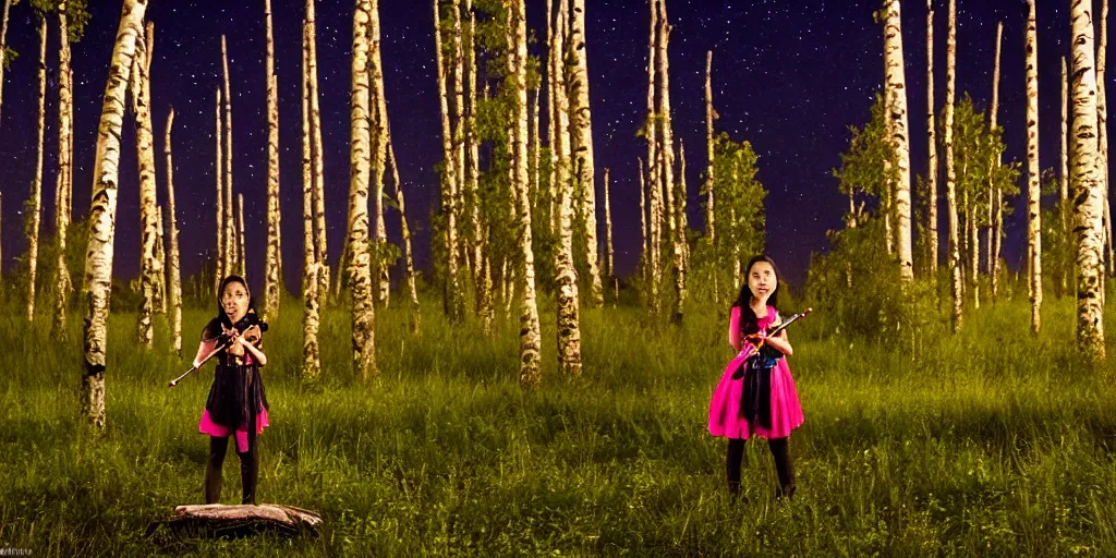 Image similar to young girl playing flute in the middle of a birch forest during a storm at night while lightning dragons race down toward her