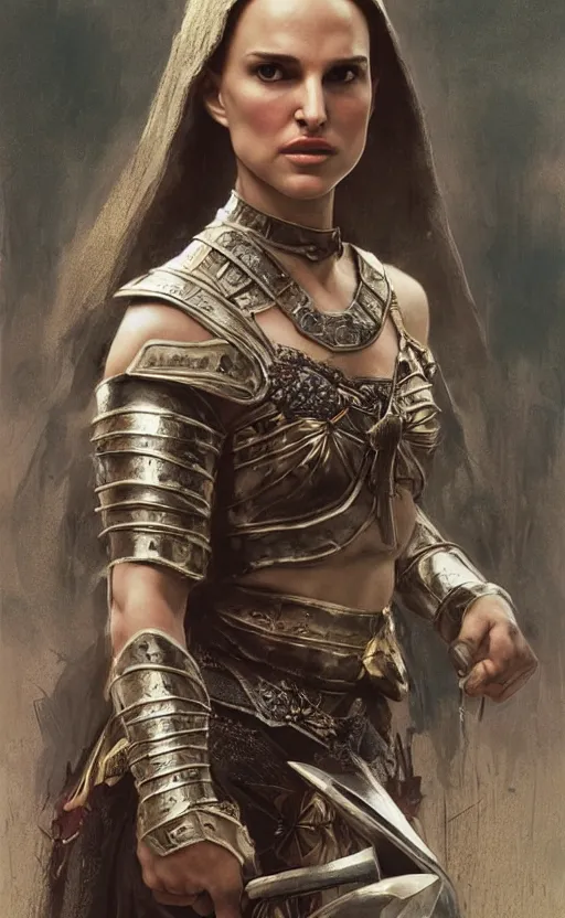 Image similar to young natalie portman as mathilda, legendary warrior, heroic fighter, lord of the rings, tattoos, decorative ornaments, battle armor, by omar ortiz, carl spitzweg, ismail inceoglu, vdragan bibin, hans thoma, greg rutkowski, alexandros pyromallis, perfect face, fine details, realistic shading photorealism