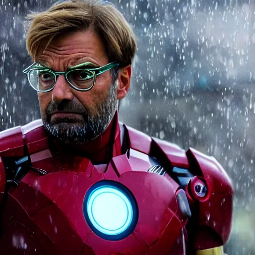 Image similar to jurgen klopp as iron man, unmasked, movie still, cinematic, photorealistic, extreme detail, sharp focus, 8 k, rain, close up, anamorphic lens, lighting, dark